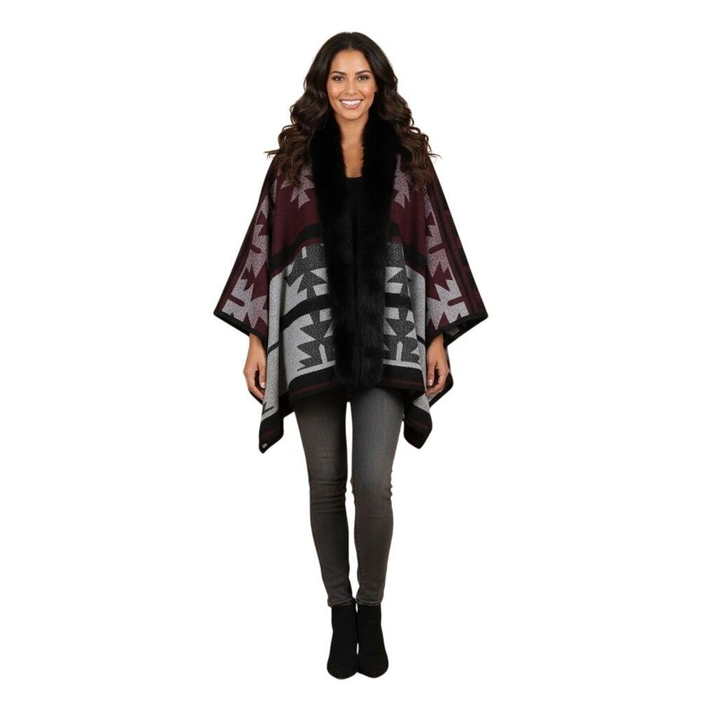 Mitchie's Genuine Fur Wool Cashmere Blend Southwestern Pattern Wrap One Size